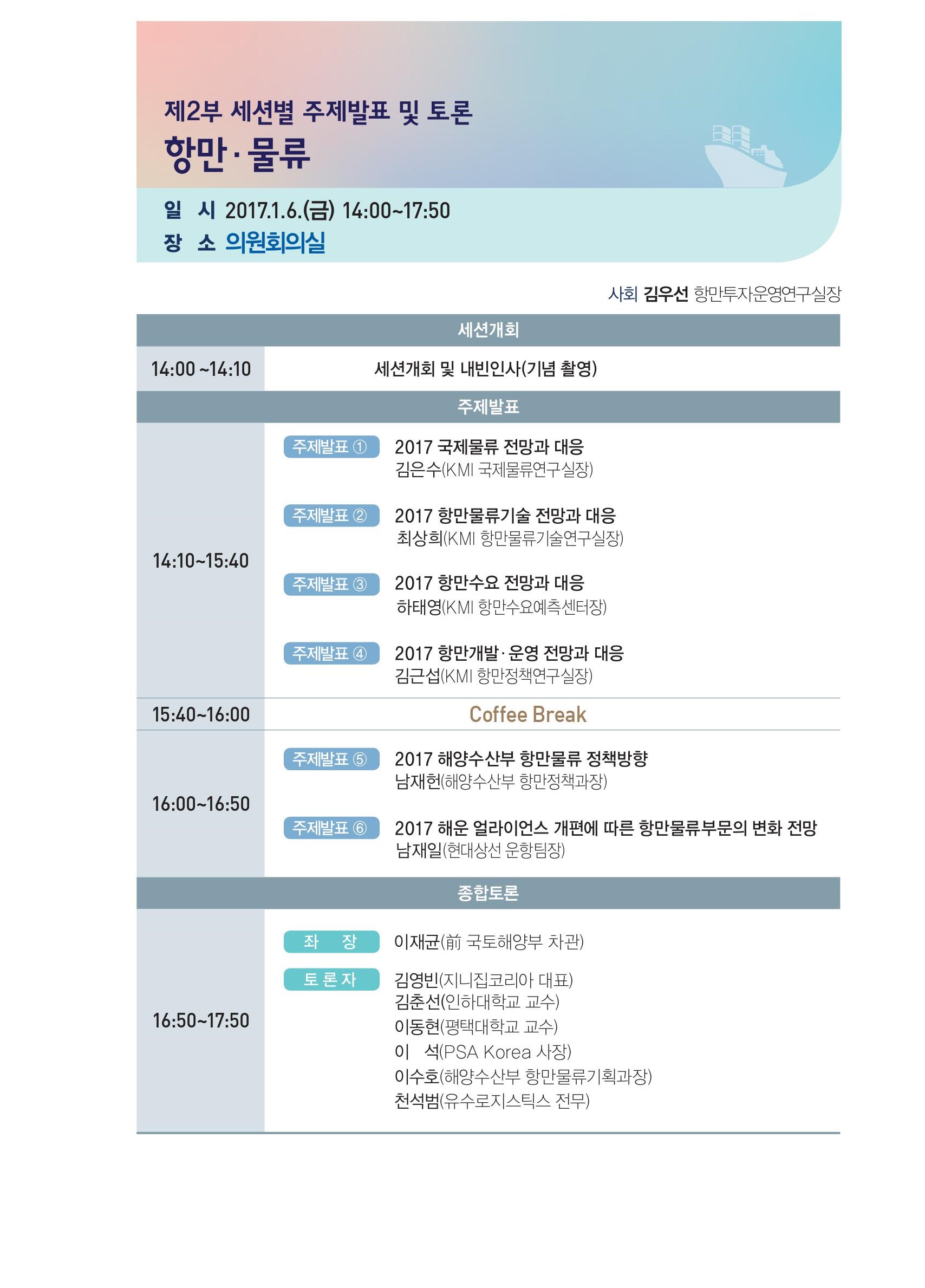 제2부 세션별 주제발표 및 토론 | 항만, 물류 | 일시 : 2017.1.6.(금) 14:00~17:40 | 장소 : 의원회의실 | 사회 김우선 항만투자운영연구실장