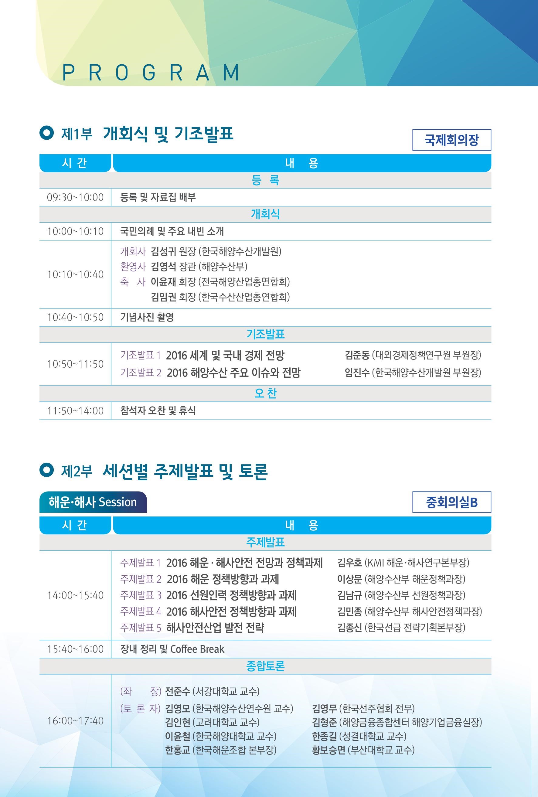 제1부 개회식 및 기조발표 | 국제회의장 | 등록 | 시간 09:30~10:00 등록 및 자료집 배부 | 개회식 | 10:00~10:10 국민의례 및 주요 내빈 소개 | 10:10~10:40 개회사 김성귀 원장(한국해양수산개발원) 환영사 : 김영석 장관(해양수산부_ 축사 : 이윤재 회장(전국해양산업총연합회), 김임권 회장(한국수산산업총연합회) | 10:40~10:50 기념사진 촬영 | 기조발표 | 10:50~11:50 기조발표1 2016 세계 및 국내경제 전망 김준동(대외경제정책연구원 부원장) 기조발표2 2016 해양수산 주요 이슈와 전망 임진수(한국해양수산개발원 부원장) | 오찬 | 11:50~14:00 참석자 오찬 및 휴식 | 제2부 세션별 주제발표 및 토론 | 해운,해사 Session | 중회의실B | 14:00~15:40 주제발표1 2016 해운, 해사 안전 전망과 정책과제 김우호(KMI해운, 해사연구본부장) 주제발표2 2016해운 정책방향과 과제 이상문(해양수산부 해운정책과장) 주제발표3 2016 선원인력 정책방향과 과제 김남규(해양수산부 선원정책과장) 주제발표4 2016 해사안전 정책방향과 과제 김민종(해양수산부 해사안전정책과장) 주제발표5 해사안전산업 발전 전략 김종신(한국선급 전략기획본부장) 15:40~ 16:00 장내 정리 및 Coffee Break | 종합토론 16:00~17:40 (좌장) 전준수(서강대학교 교수) (토론자) 김영모(한국해양수산연수원 교수) 김영무(한국선주협회 전무) 김인현(고려대학교 교수) 김형준(해양금융종합센터 해양기업금융실장) 이윤철(한국해양대학교 교수) 한종길(성결대학교 교수) 한홍교(한국해운조합 본부장) 황보승면(부산대학교 교수)