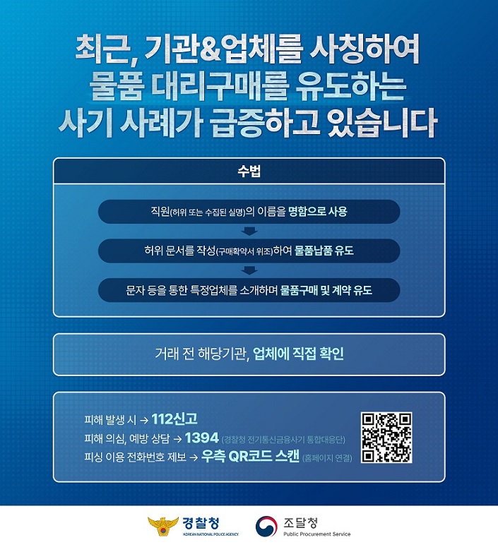 최근, 기관&업체를 사칭하여 물품 대리구매를 유도하는 사기 사례가 급증하고 있습니다.  수법 : 직원(허위 또는 수집된 실명)의 이름을 명함으로 사용 → 허위 문서를 작성(구매확약서 위조)하여 물품납품 유도 → 문자 등을 통한 특정업체를 소개하며 물품구매 및 계약 유도,   거래 전 해당기관, 업체에 직접 확인   피해 발생 시 → 112신고 피해 의심, 예방 상담 → 1394 (경찰청 전기통신금융사기 통합대응단) 피싱 이용 전화번호 제보 → 우측 QR코드 스캔 (홈페이지 연결) - 경찰청, 조달청